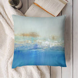 Plush throw pillow cover with abstract art design in blue and gold tones, MyArtsyGift decor.