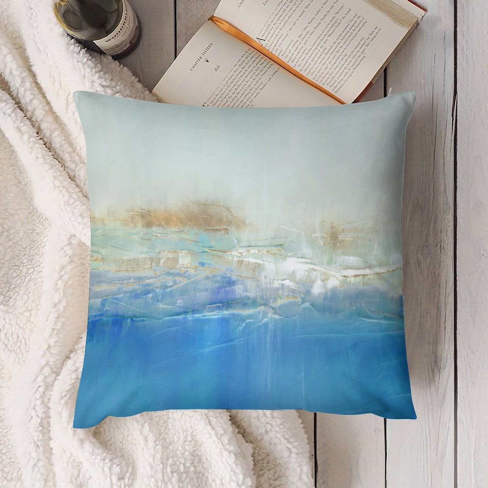 Abstract blue and gold art plush throw pillow cover. Soft decorative cushion for sofa or couch. Home decor
