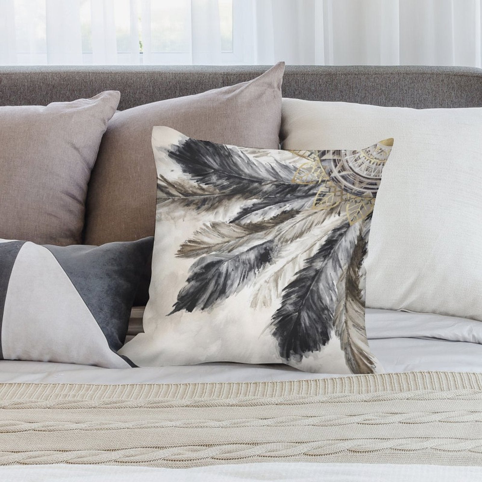Luxury plush pillow cover featuring a watercolor feather design in black, gray, and gold for sofa or living room.