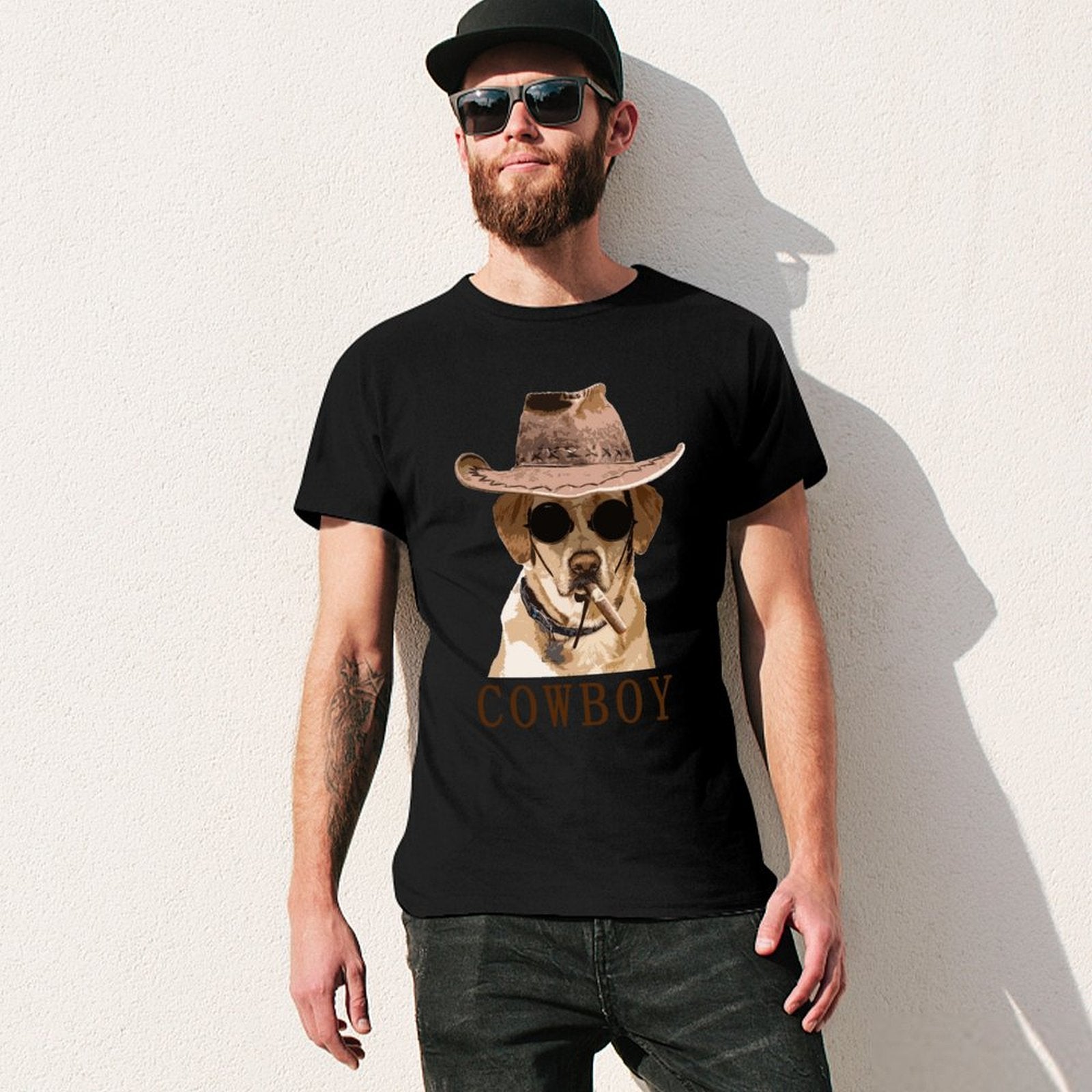 Men's black t-shirt with Cowboy Dog graphic. Classic tee from MyArtsyGift.com