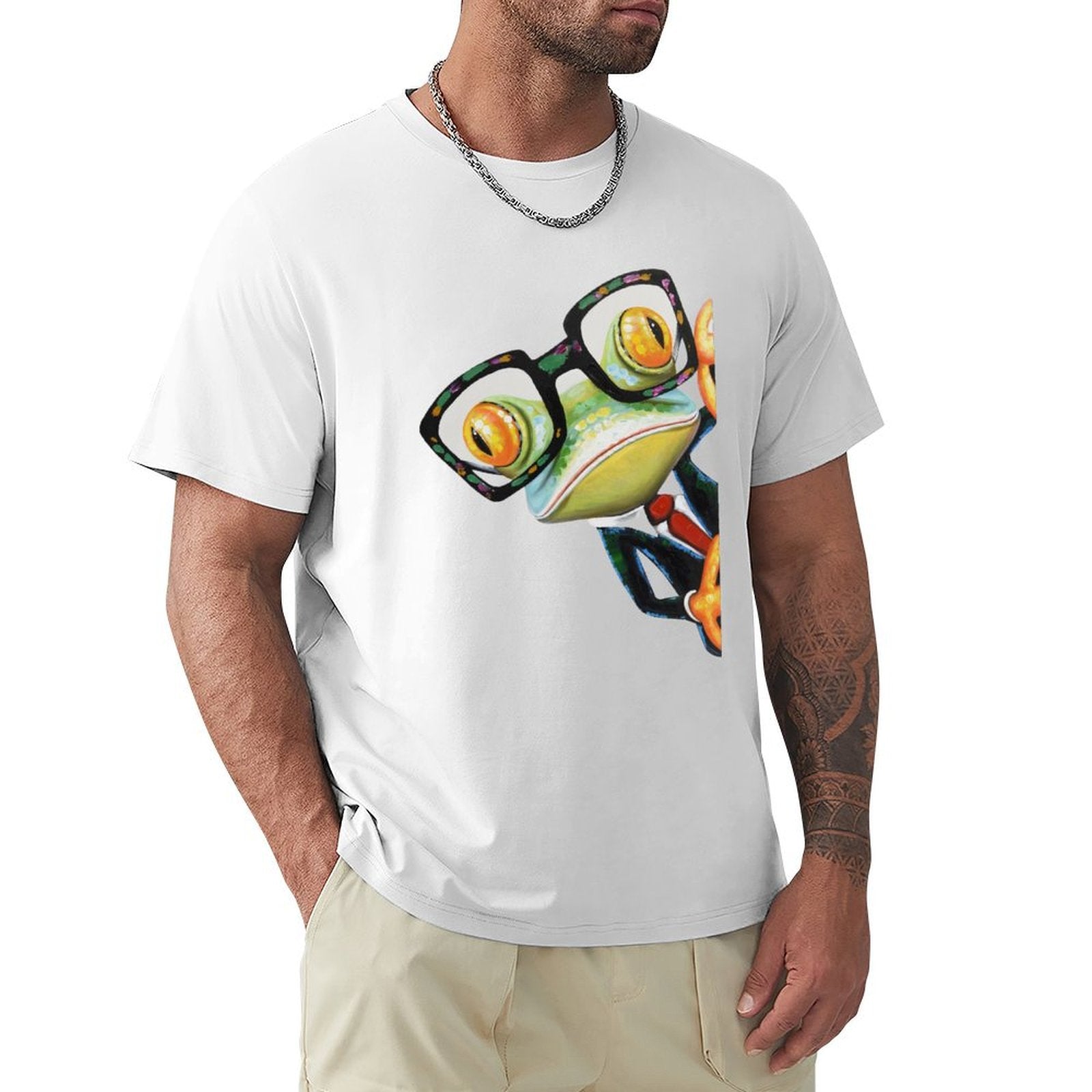 Men's white short sleeve t-shirt with a frog graphic, Crew Neck T-Shirt for men, MyArtsyGift