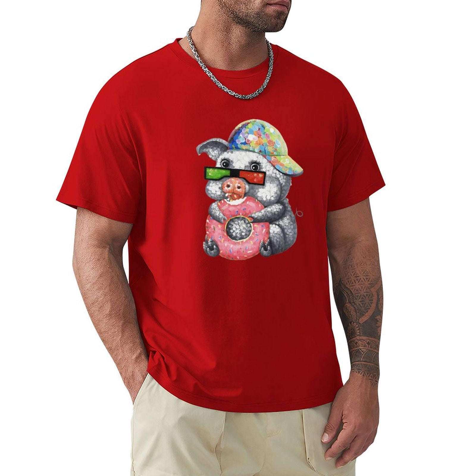 MyArtsyGift Men's red crew neck t-shirt with pig graphic, comfort, and breathable fabric, perfect for casual wear.