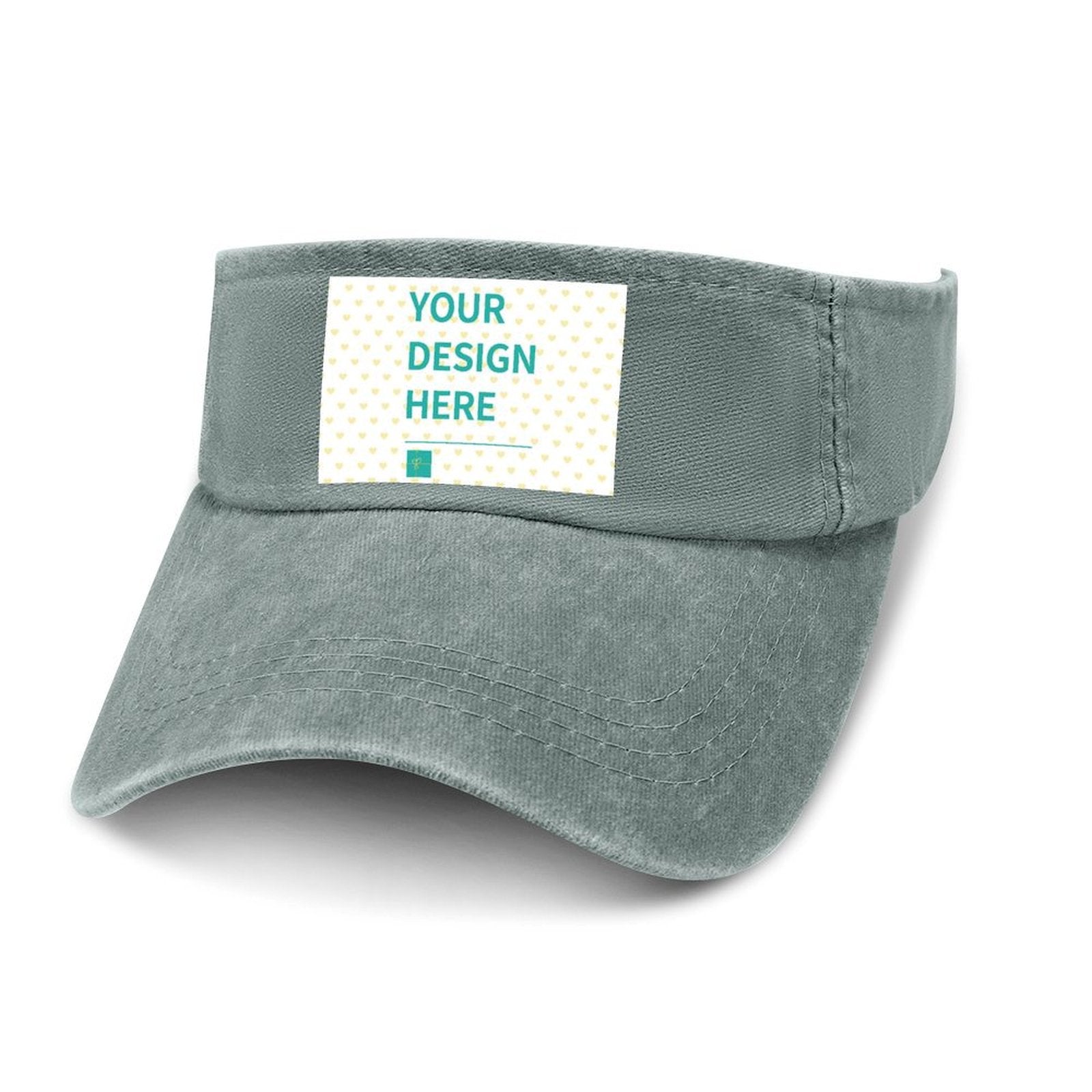 Custom gray denim visor hat with 'YOUR DESIGN HERE', perfect for sun protection and outdoor activities.