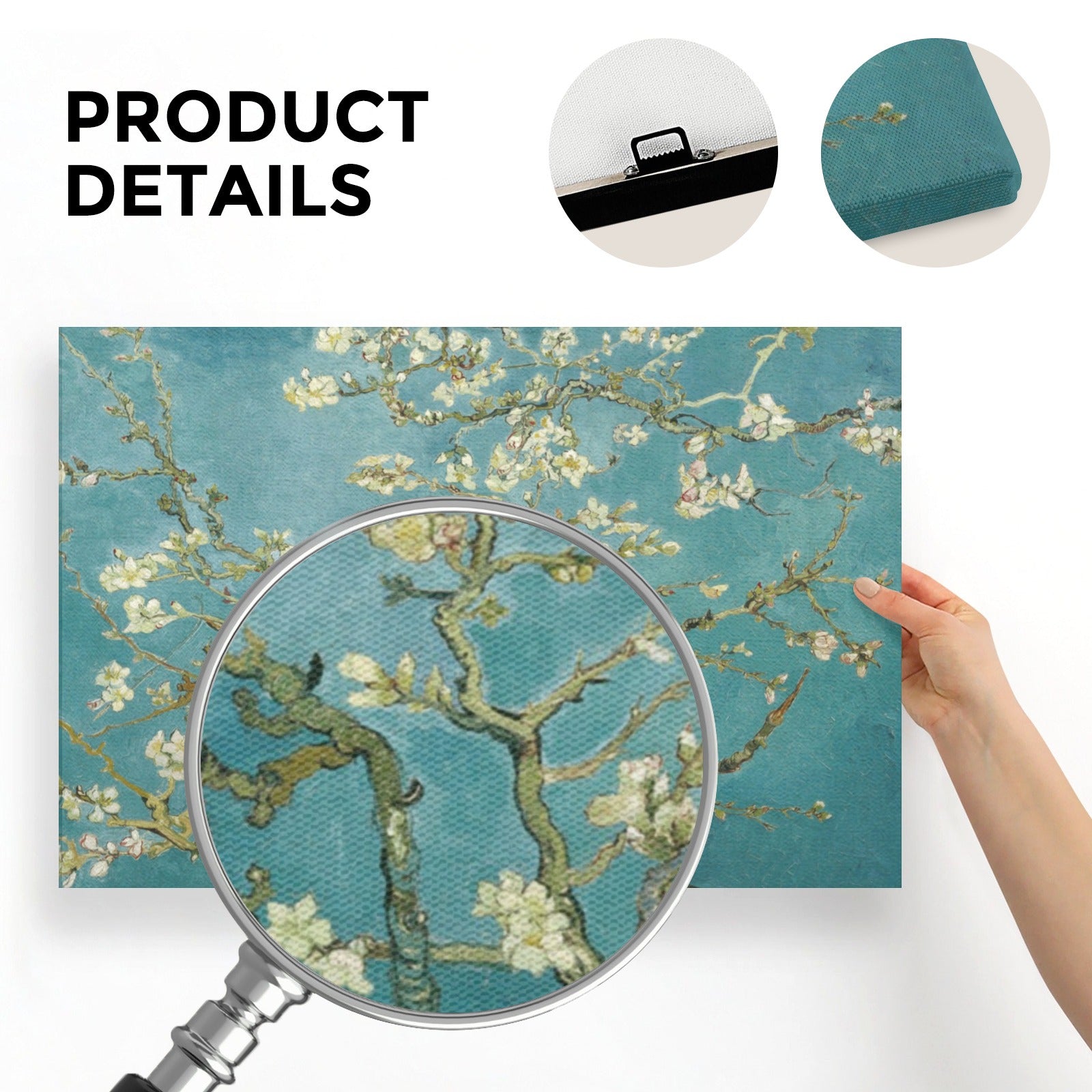 Van Gogh Almond Blossom canvas print, product details, canvas texture and hanging hardware