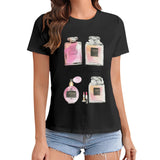 Black women's Paris Perfume graphic tee, short sleeve crewneck t-shirt, MyArtsyGift apparel, casual wear.