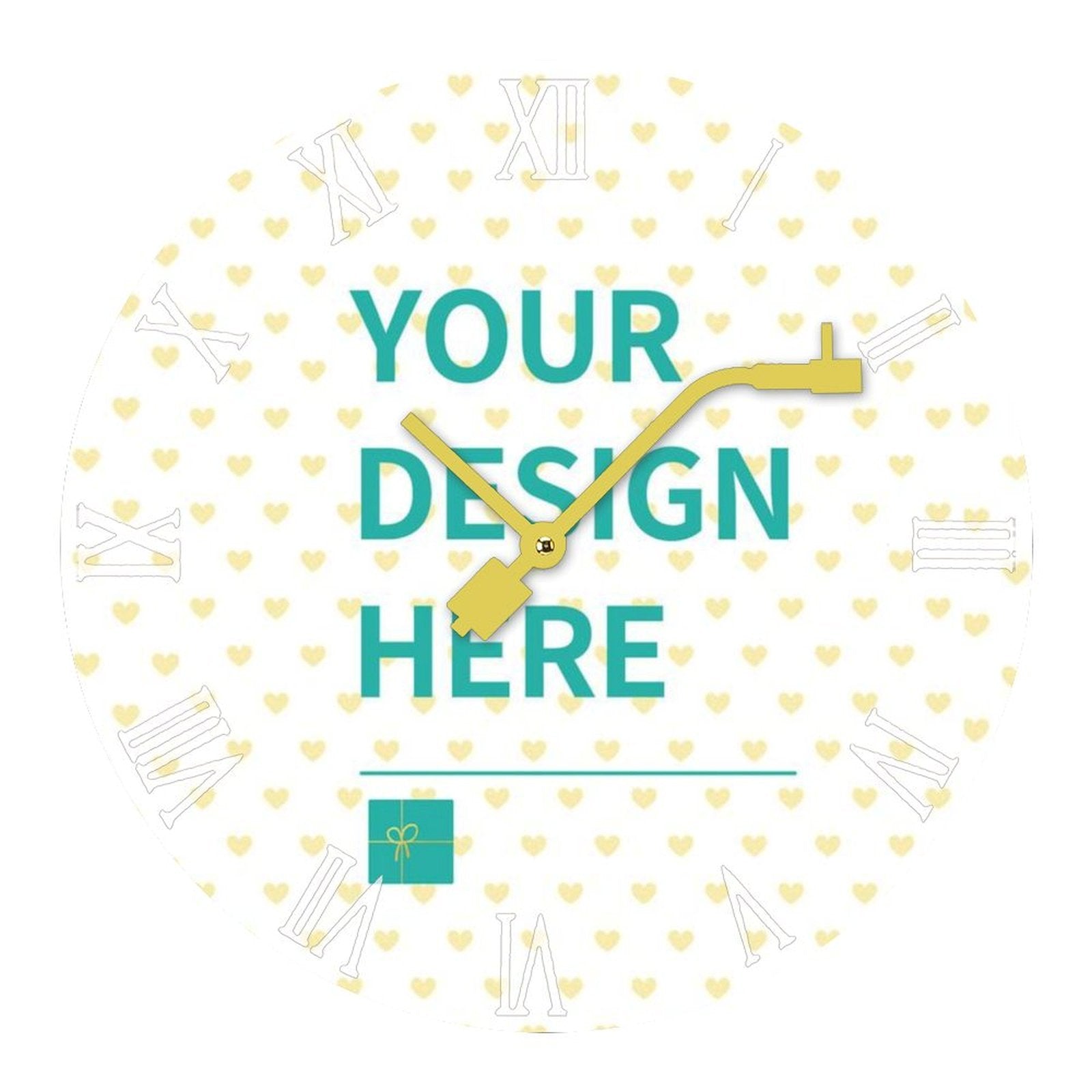 Personalized round wall clock with heart pattern, featuring "YOUR DESIGN HERE". Perfect for home or school decor.