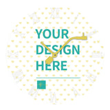 Personalized round wall clock with heart pattern, featuring "YOUR DESIGN HERE". Perfect for home or school decor.