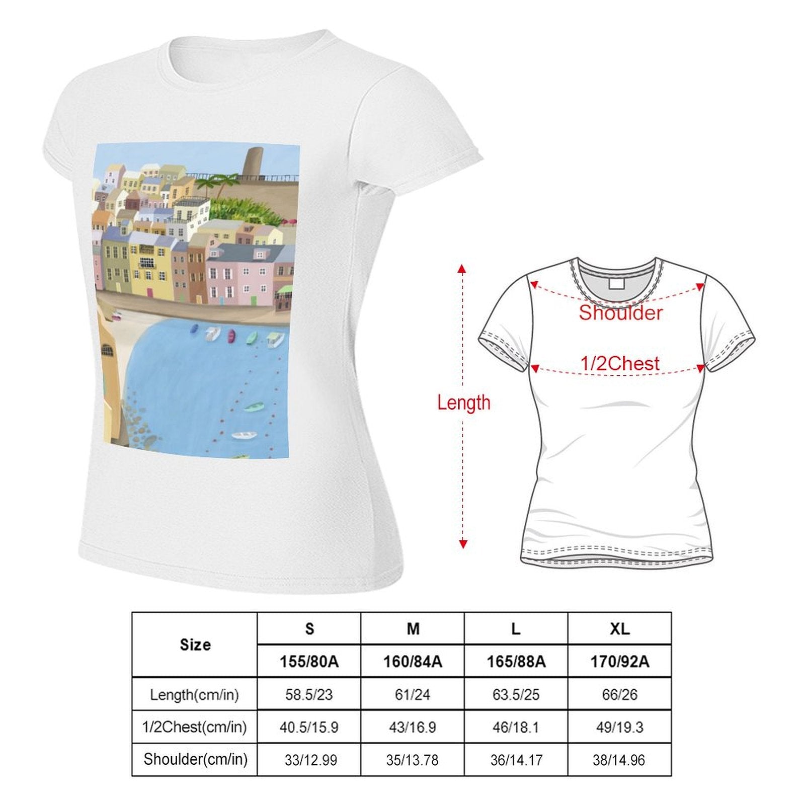 Women's white t-shirt with coastal town print. Includes size chart for a comfortable fit.