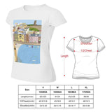 Women's white t-shirt with coastal town print. Includes size chart for a comfortable fit.