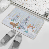 Christmas Critters Floor Mat: Winter scene with deer, fox, and snowman. Washable custom rug for bedroom, "WILD APPLE" text.