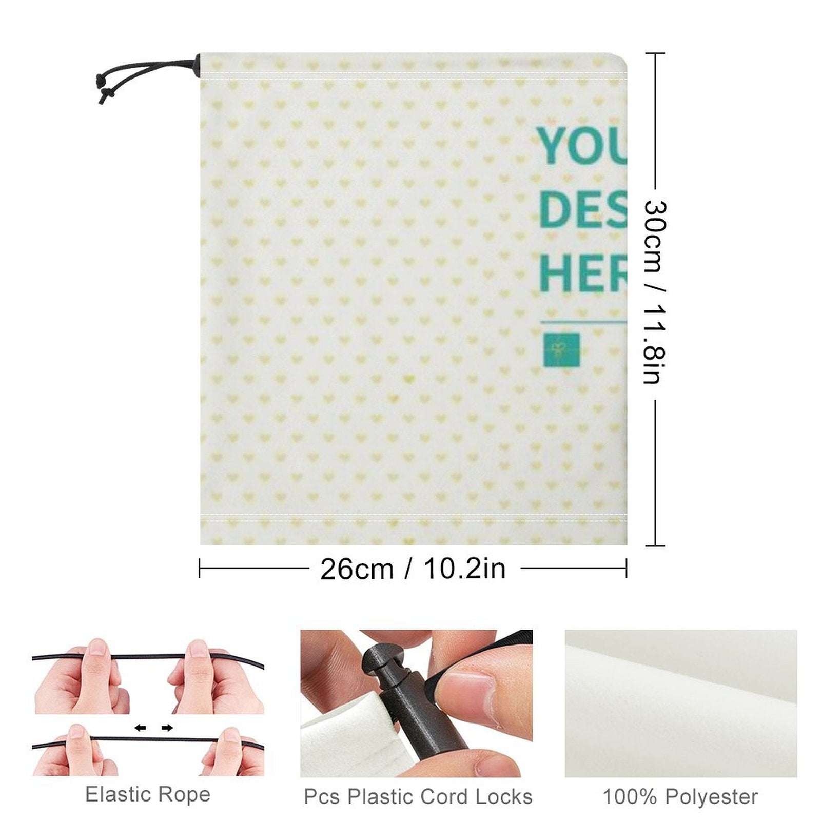 Personalized drawstring bag with 'YOU DESIGN HERE' text, made of polyester, ideal for carrying items.