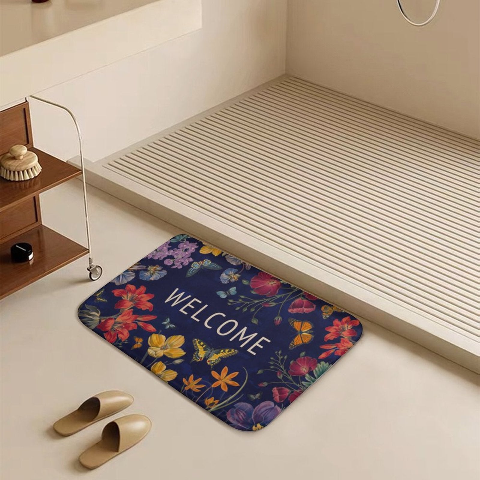 Coral velvet bath rug with welcome message, floral and butterfly pattern; bathroom floor rug