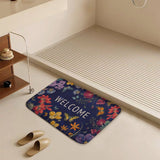 Coral velvet bath rug with welcome message, floral and butterfly pattern; bathroom floor rug