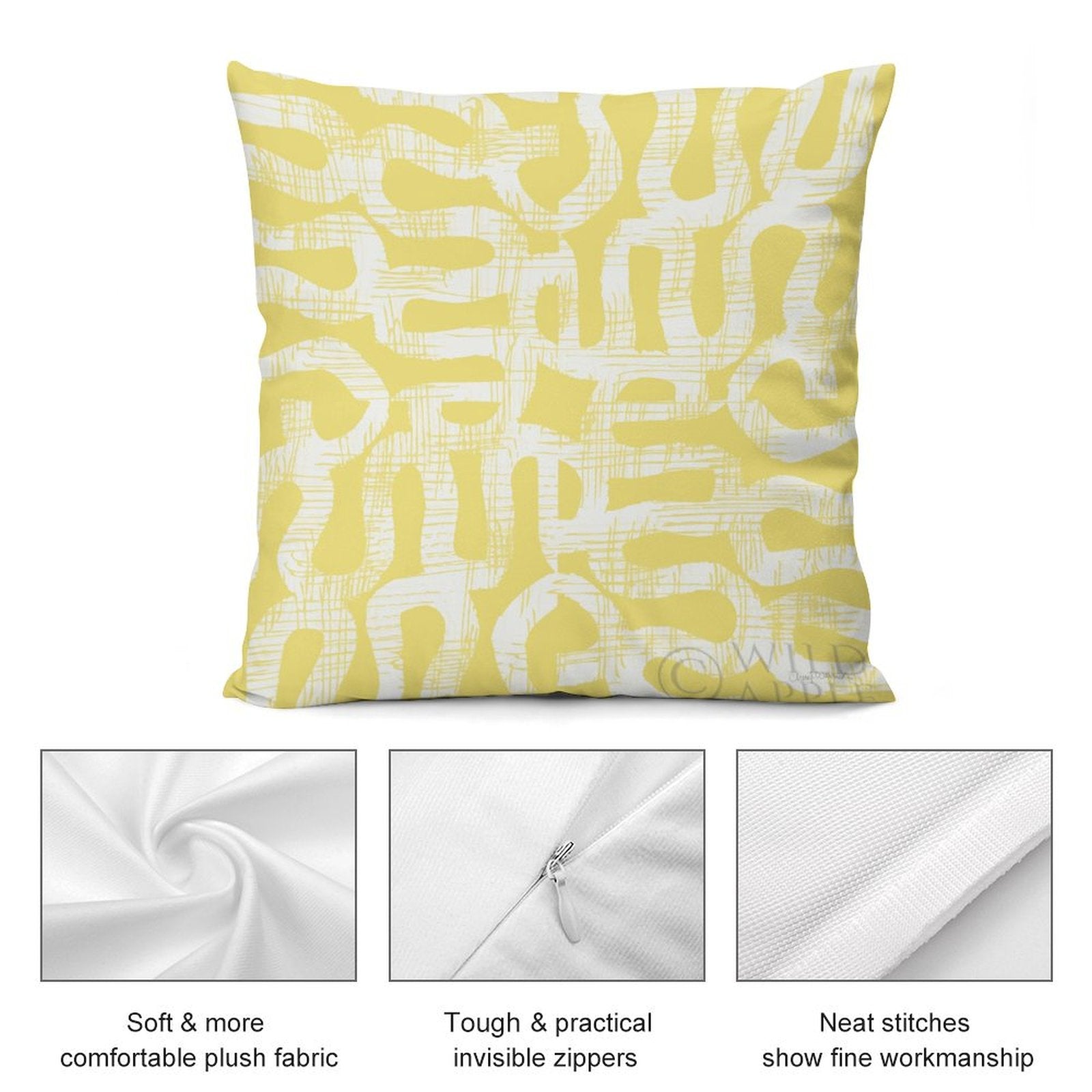 Yellow abstract pattern plush throw pillow cover, featuring soft fabric and invisible zipper, perfect for your sofa.