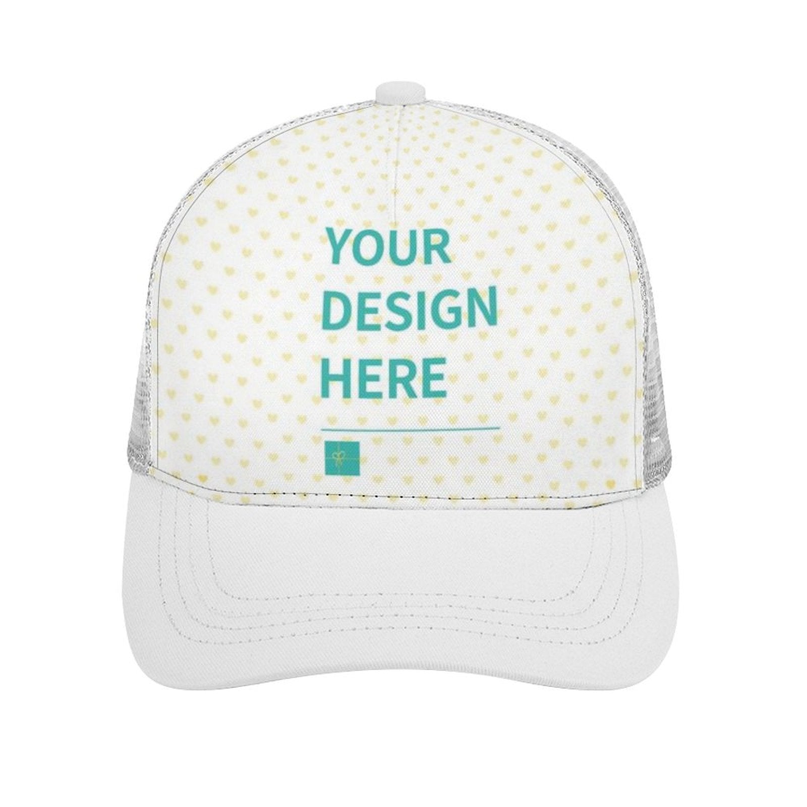 Customizable trucker hat with 'YOUR DESIGN HERE' text and heart pattern, MyArtsyGift