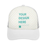 Customizable trucker hat with 'YOUR DESIGN HERE' text and heart pattern, MyArtsyGift