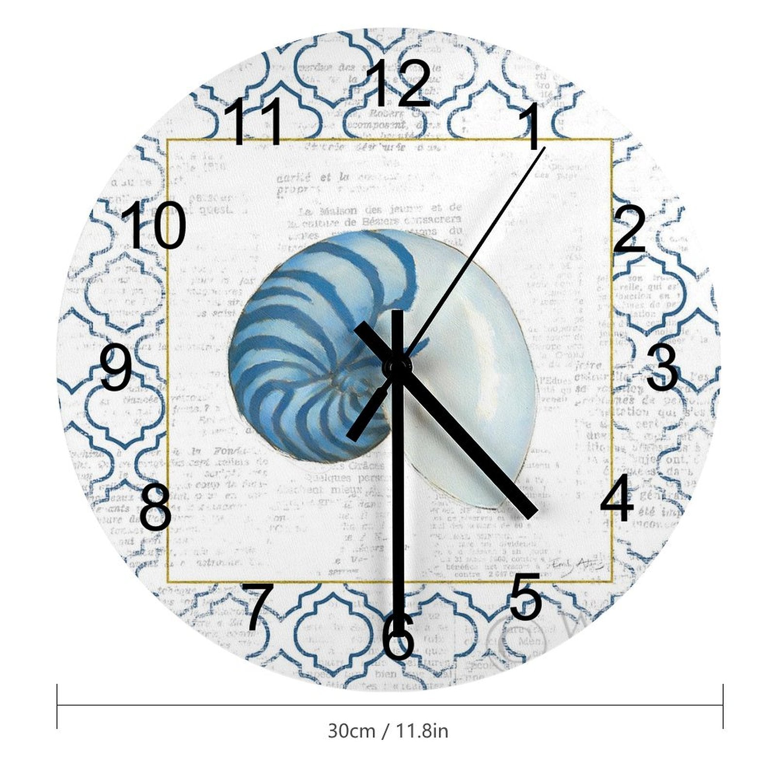Navy nautilus shell design on a wooden wall clock. Custom round clock for home, kitchen, housewarming gift.