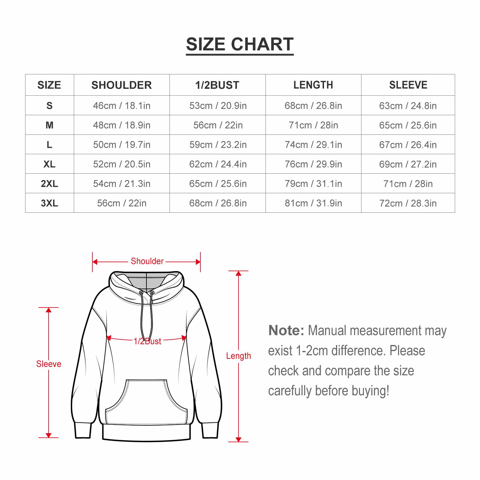 Men's Stick Hooded Sweatshirt size chart, showing measurements in cm and inches for various sizes.