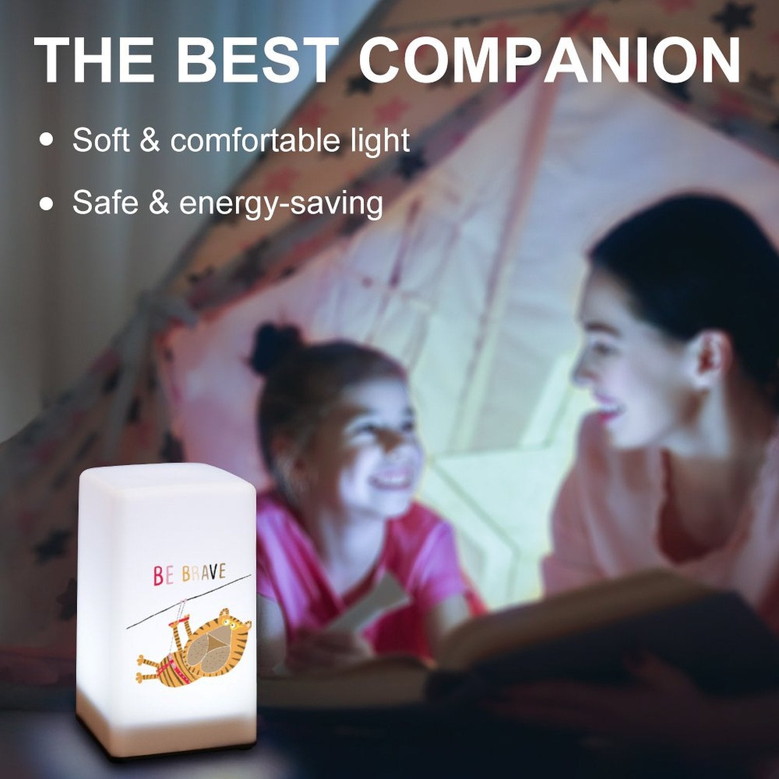Small tiger design table lamp with 'BE BRAVE' text, night light for kids' bedroom or bar, with soft lighting.