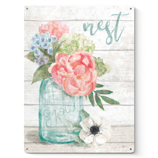Metal sign featuring pastel flowers, metal wall art with floral design, home decor.