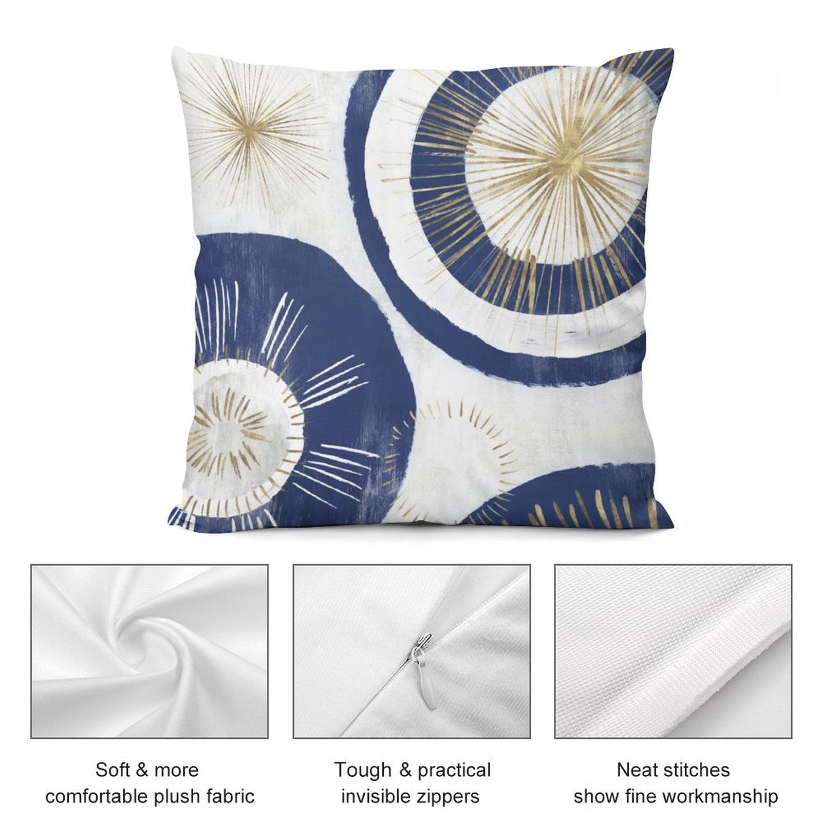 Navy blue and gold abstract plush pillow cover, soft and comfy, with invisible zipper detail.