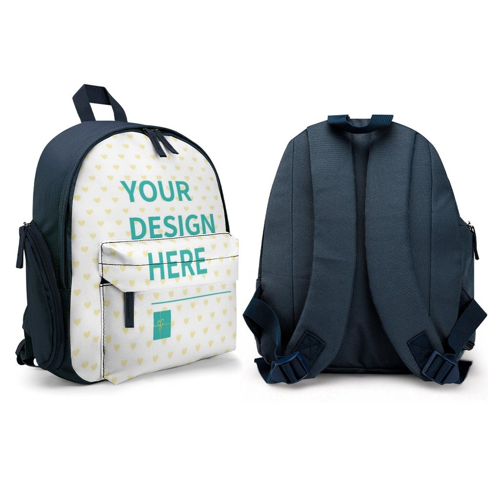 Customizable kids backpack with "YOUR DESIGN HERE" text. Durable polyester school bookbag with navy blue and white colors.