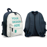 Customizable kids backpack with "YOUR DESIGN HERE" text. Durable polyester school bookbag with navy blue and white colors.