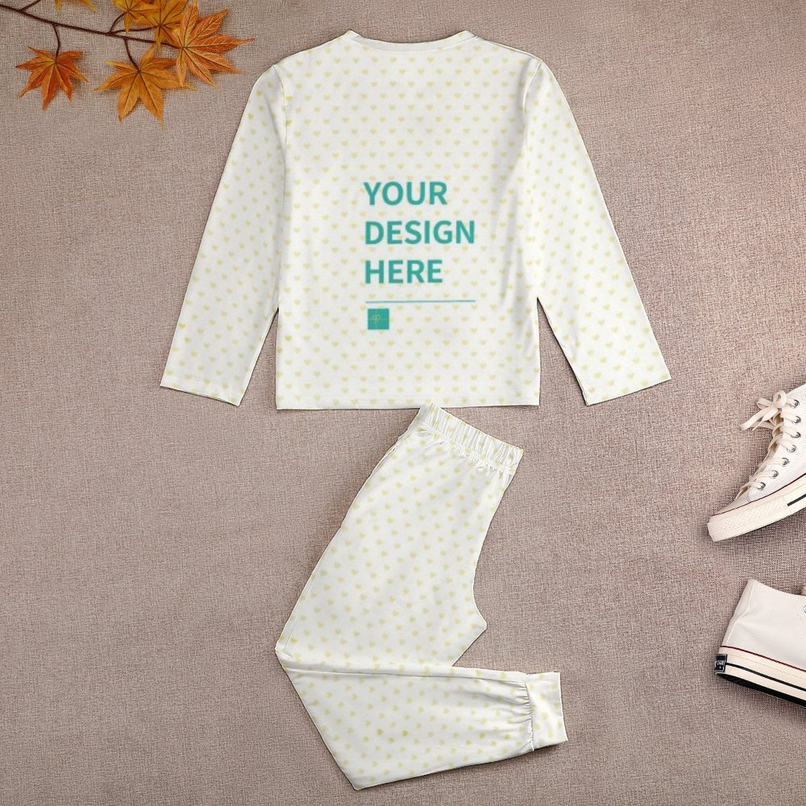 Personalized toddler girl pajamas set in white with heart pattern and 'YOUR DESIGN HERE' text, comfy sleepwear