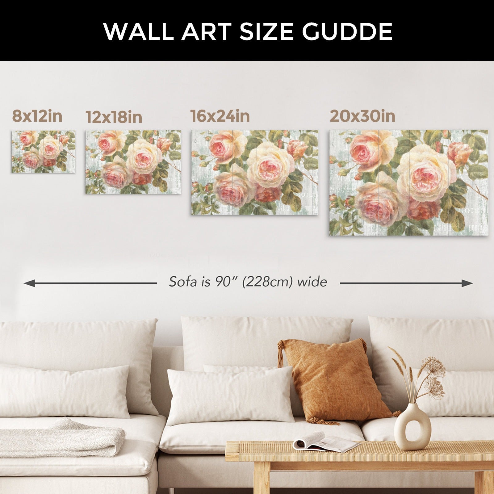 Vintage Roses Canvas Print size guide, wall art for home decor. Includes 8x12in, 12x18in, 16x24in, 20x30in options.
