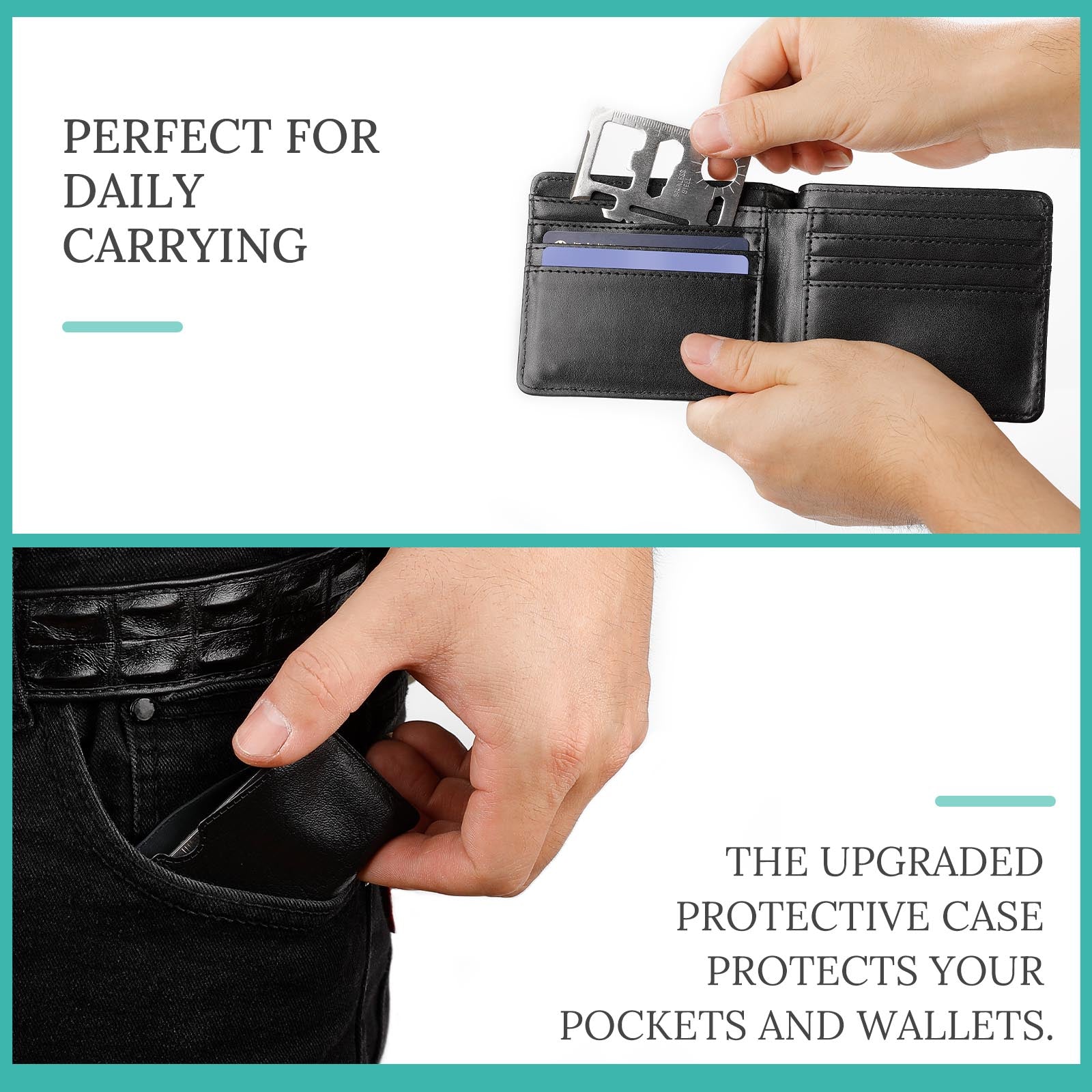 Stainless steel multi-tool card in black leather wallet, perfect for daily carry, protective case for pocket & wallet.