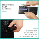 Stainless steel multi-tool card in black leather wallet, perfect for daily carry, protective case for pocket & wallet.