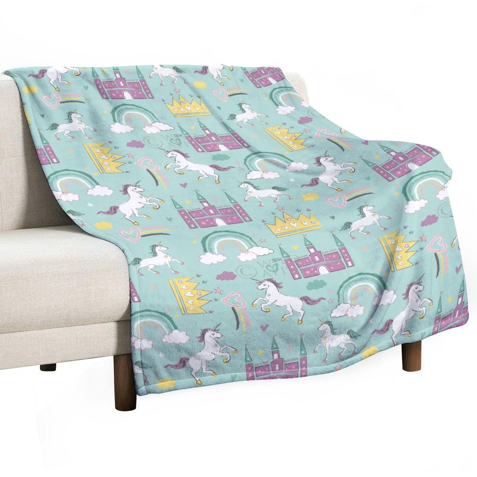 Rainbow Dream fleece blanket featuring unicorns and rainbows, perfect for bed, sofa, and travel.