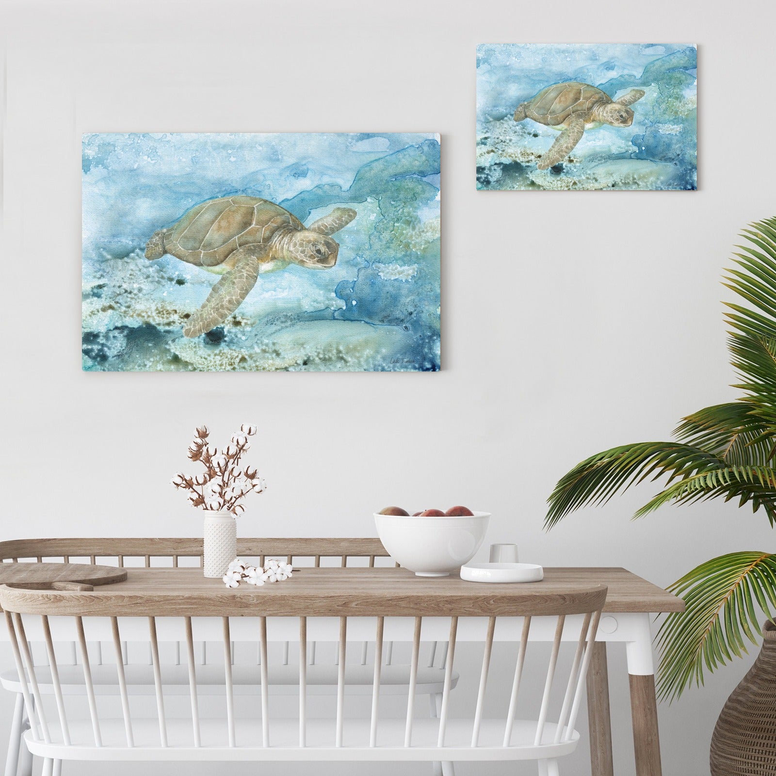 Sea turtle canvas print on wall, watercolor sea life art, home decor, USA made. Modern minimalist style.