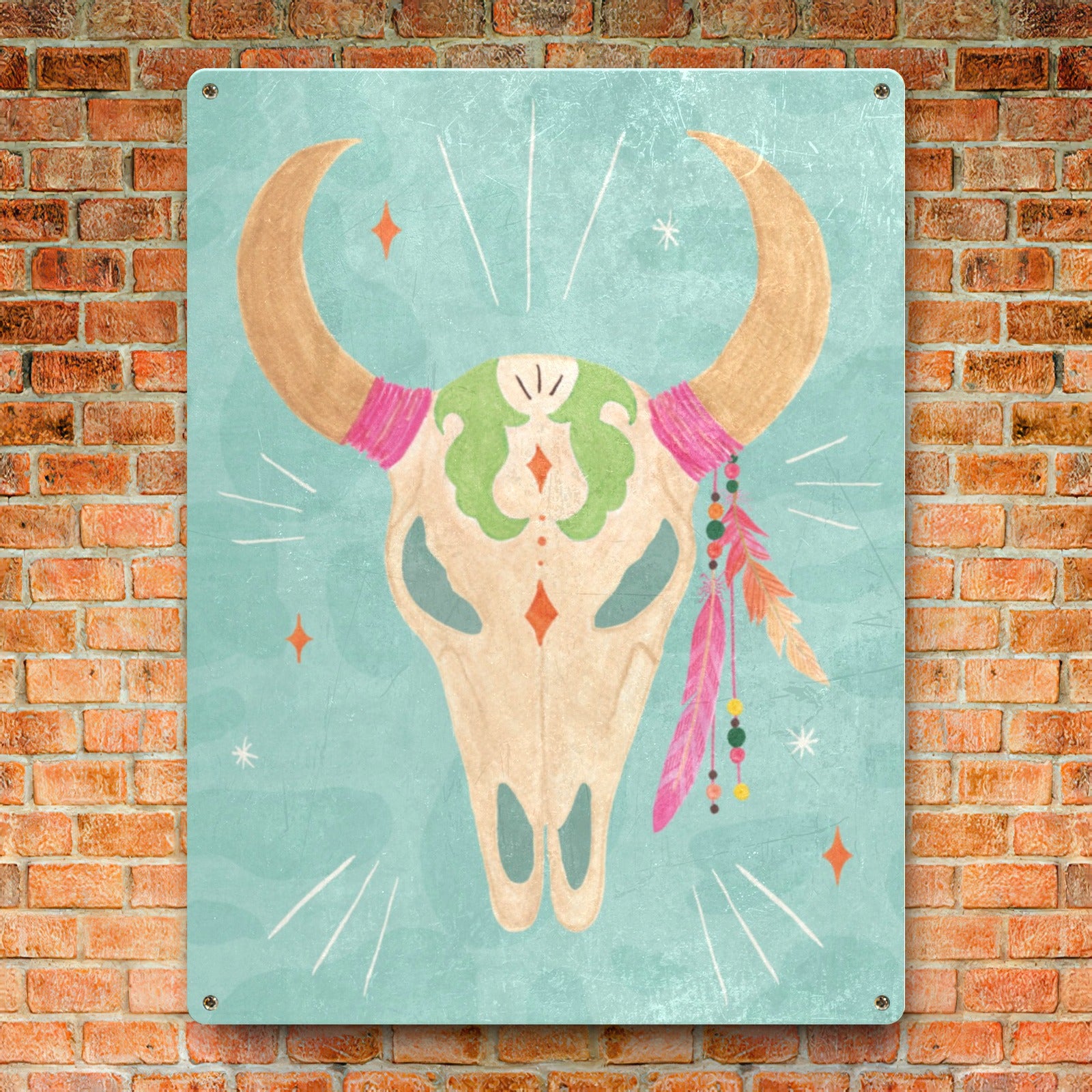 Cowgirl Club IV Tin Sign. Iron sign with cow skull and feathers on a turquoise background, perfect home decor