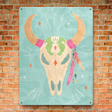 Cowgirl Club IV Tin Sign. Iron sign with cow skull and feathers on a turquoise background, perfect home decor