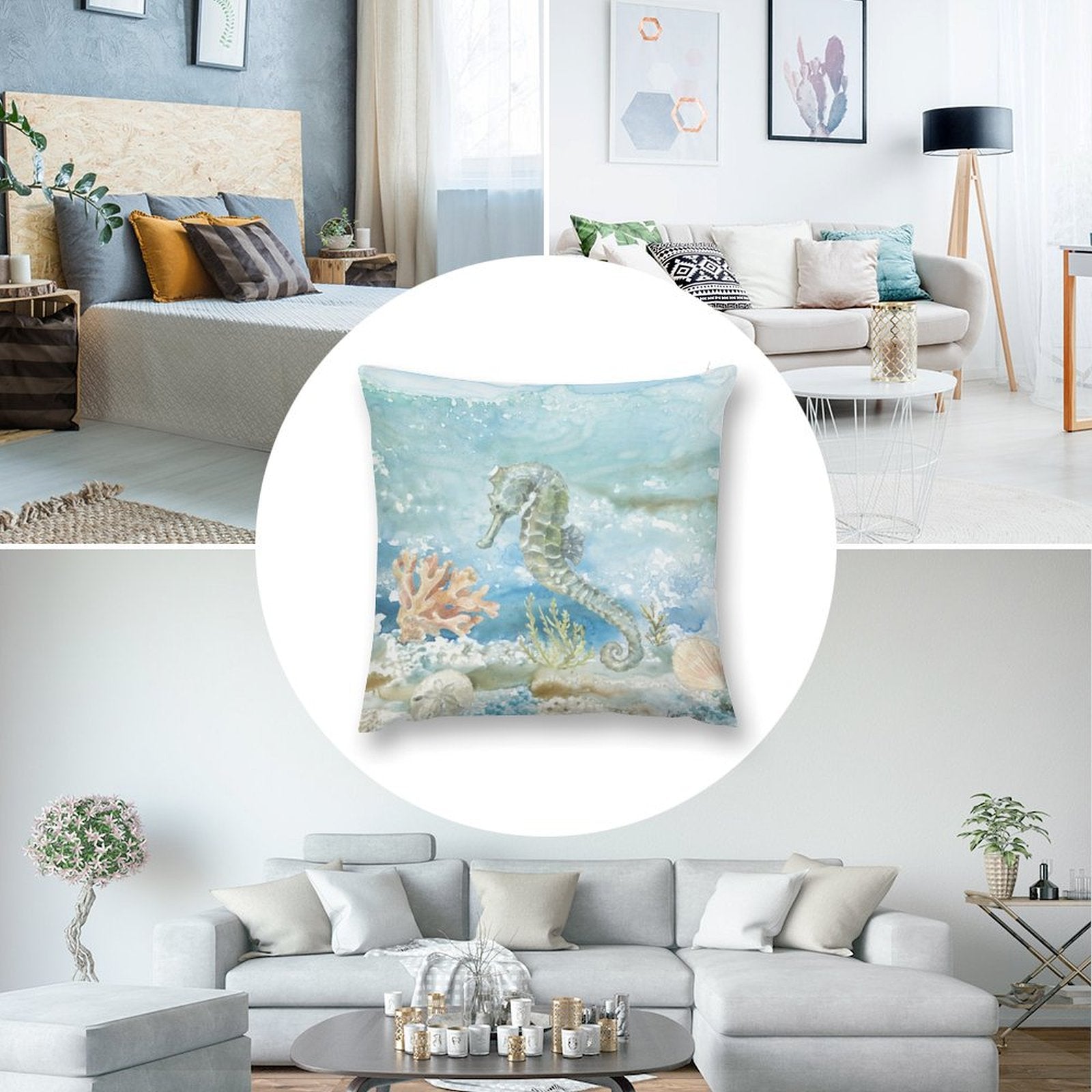 Seahorse plush pillow cover on sofa, decorative aquatic design, short plush material for couch and living room.