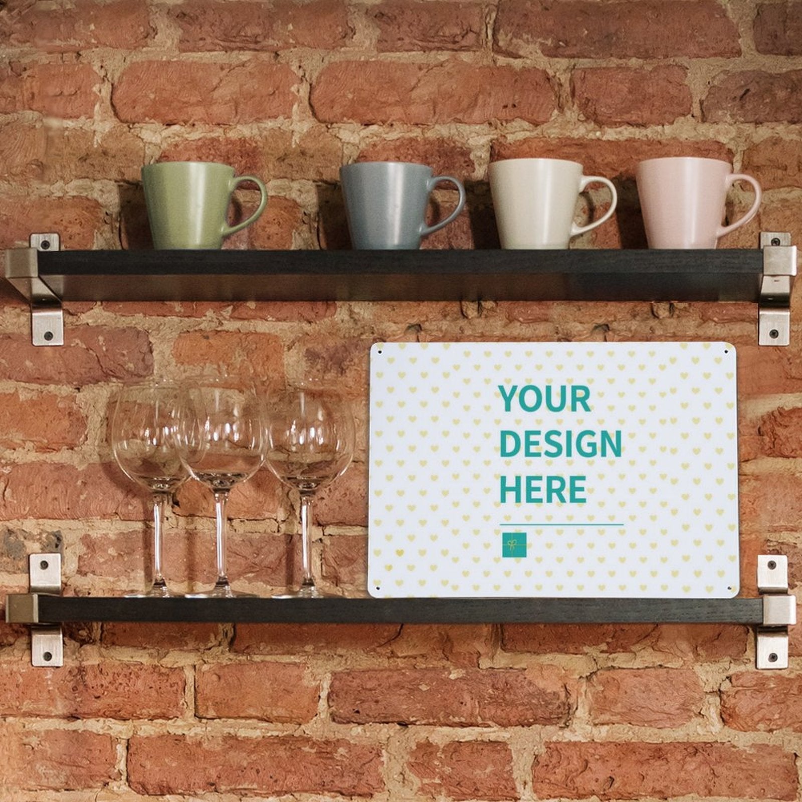 Custom aluminum sign with 'YOUR DESIGN HERE' message, heart pattern, for home, office, wall or street use.