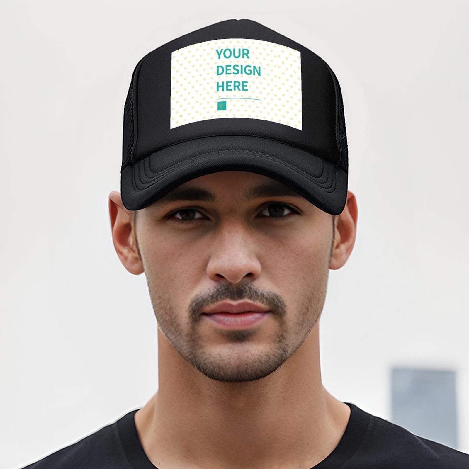 Black mesh baseball cap with "YOUR DESIGN HERE" design, perfect for personalized gifts for men.