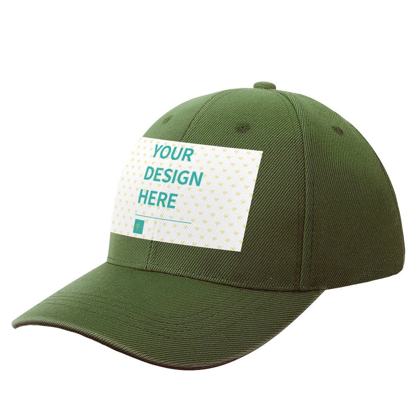 Customizable green baseball cap with 'YOUR DESIGN HERE' design, polyester material, for men and women at MyArtsyGift