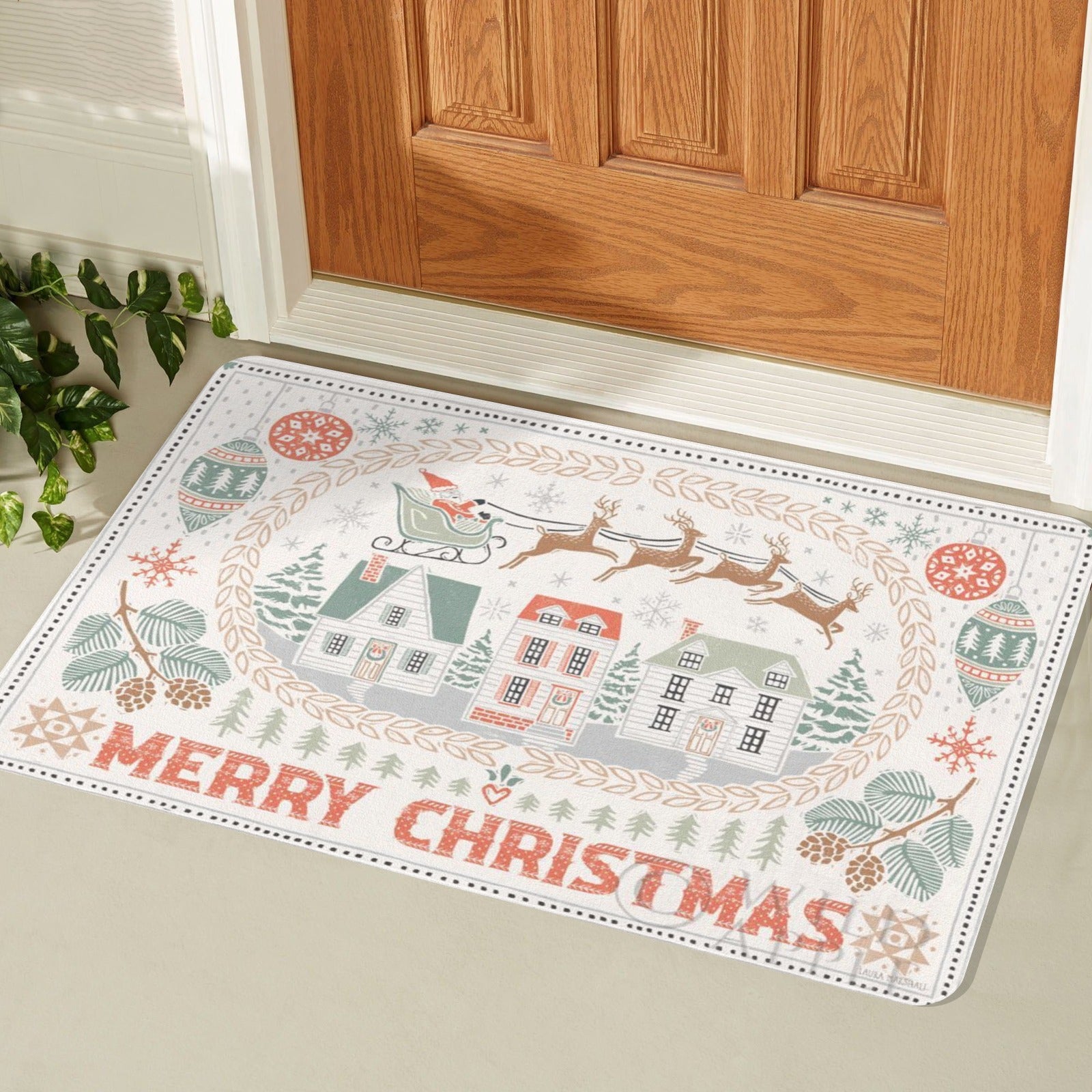 Christmas doormat with Santa, reindeer, houses, and the text 'Merry Christmas'; white rubber mat for indoor or outdoor use.