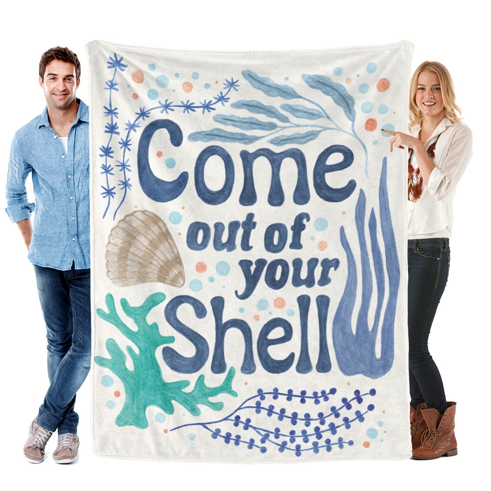 Coastal blue seashell flannel blanket, "Come out of your shell", soft and comfortable blanket.