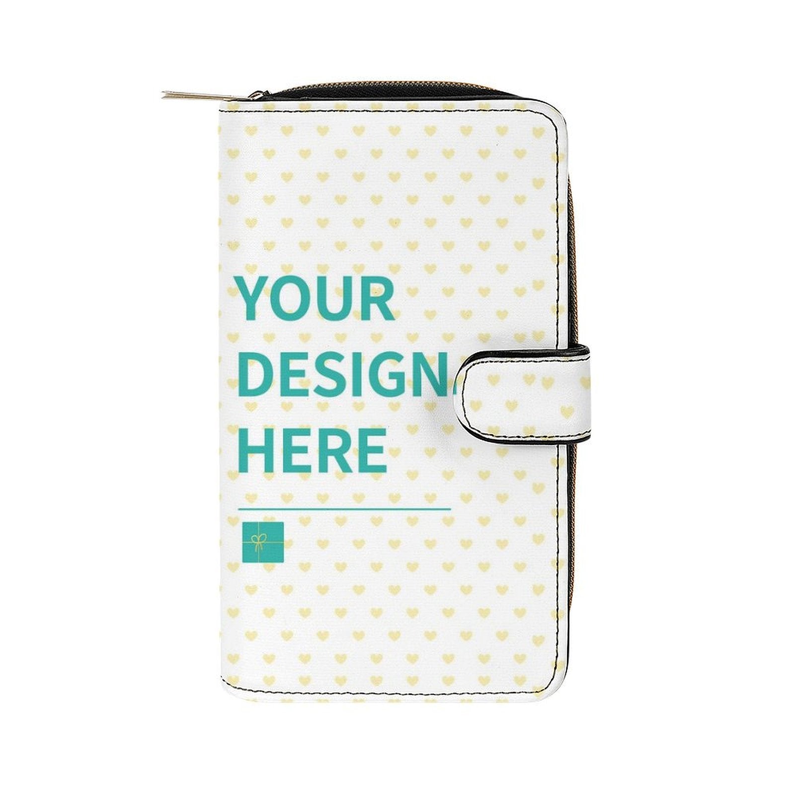 Customizable PU leather wallet with "Your Design Here" text, perfect for a personalized gift on MyArtsyGift