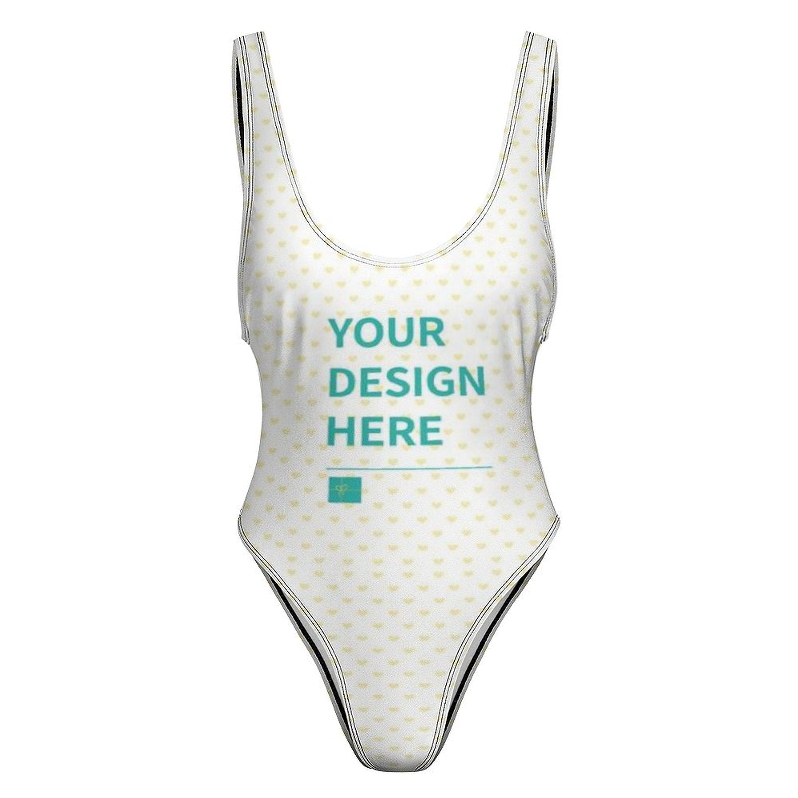 Custom swimsuit for women with heart pattern, 'YOUR DESIGN HERE', glossy fabric. Personalized swimwear.