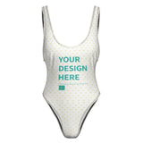 Custom swimsuit for women with heart pattern, 'YOUR DESIGN HERE', glossy fabric. Personalized swimwear.