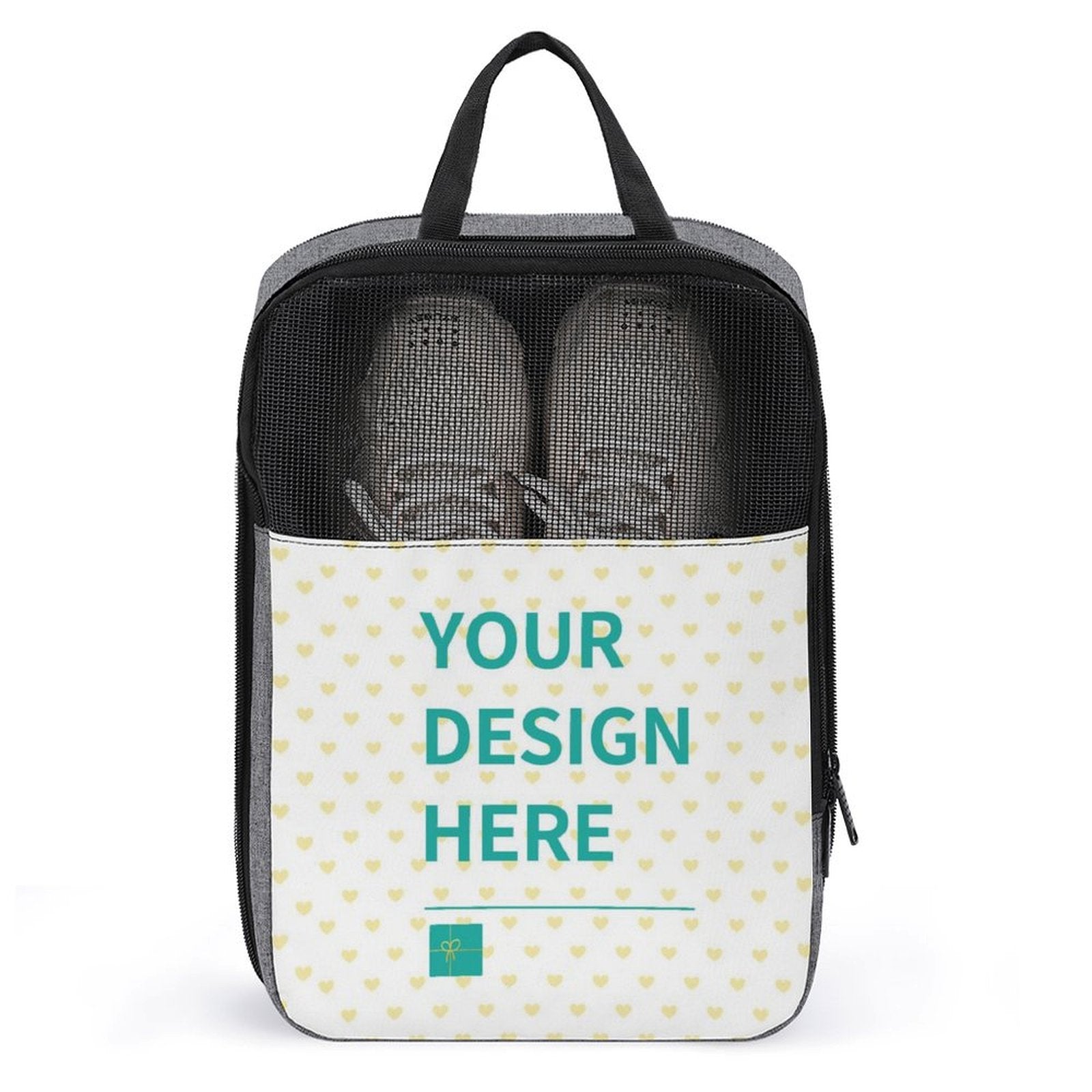 Personalized shoe bag for travel, with 'YOUR DESIGN HERE'. Customizable shoe pouch for men and women.