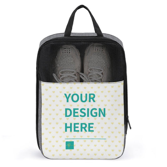Personalized shoe bag for travel, with 'YOUR DESIGN HERE'. Customizable shoe pouch for men and women.