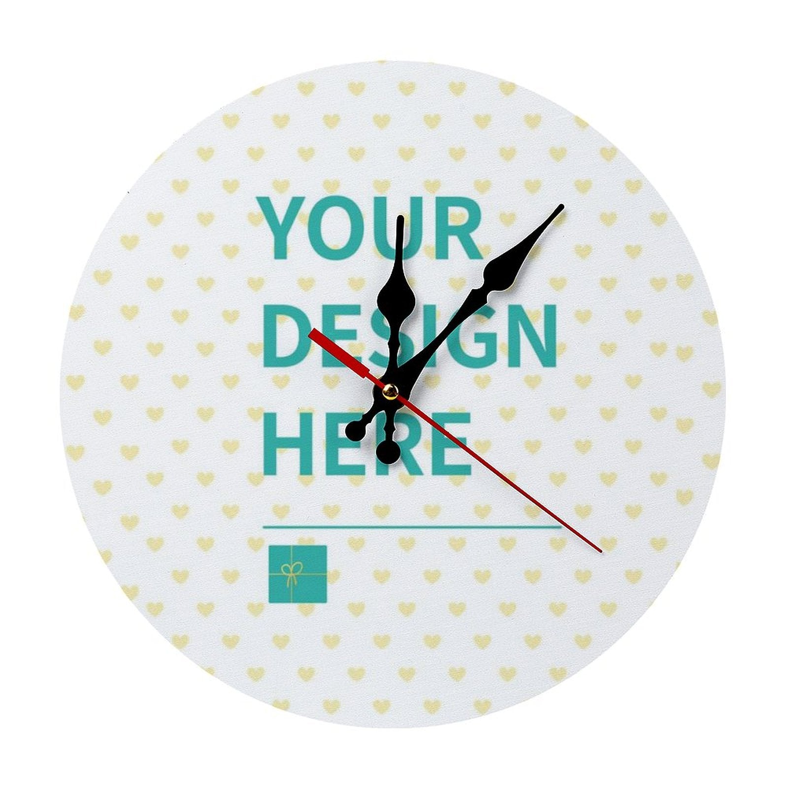 Personalized Simplicity Wooden Wall Clock - Custom round clock with YOUR DESIGN HERE text and gift box icon.