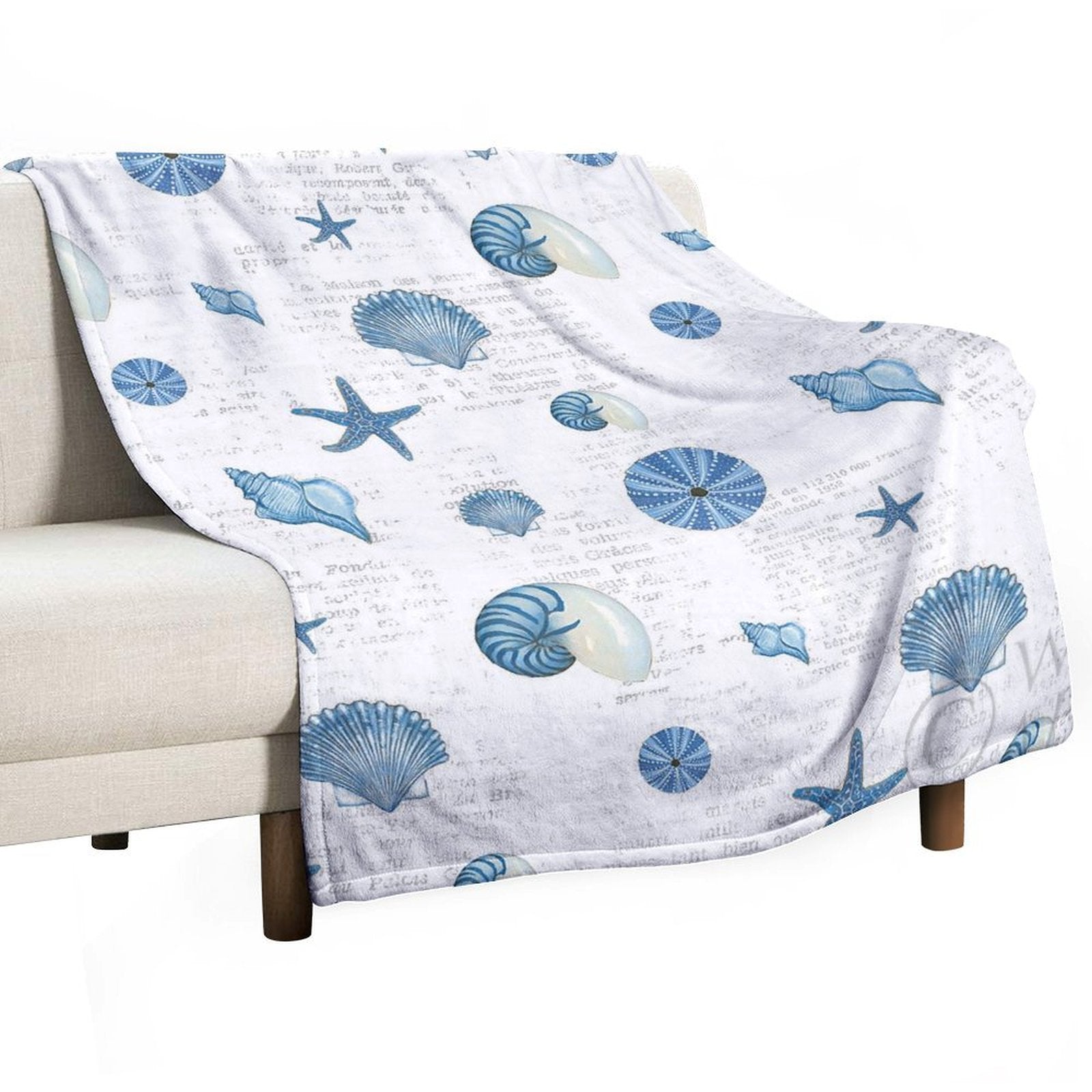 Navy shells pattern fleece blanket, seashell and starfish design, cozy blanket for bed and sofa, made of soft flannel