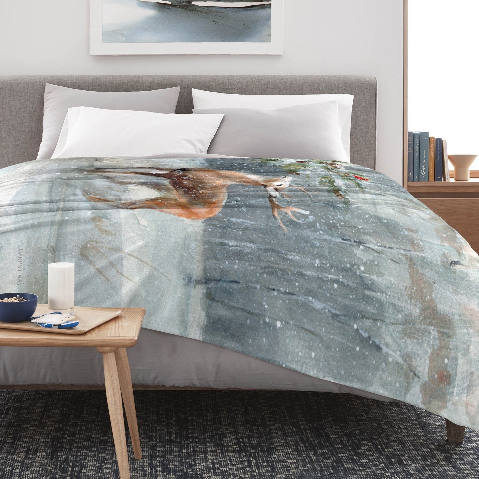 Winter snow forest deer flannel blanket on bed, watercolor painting made in USA