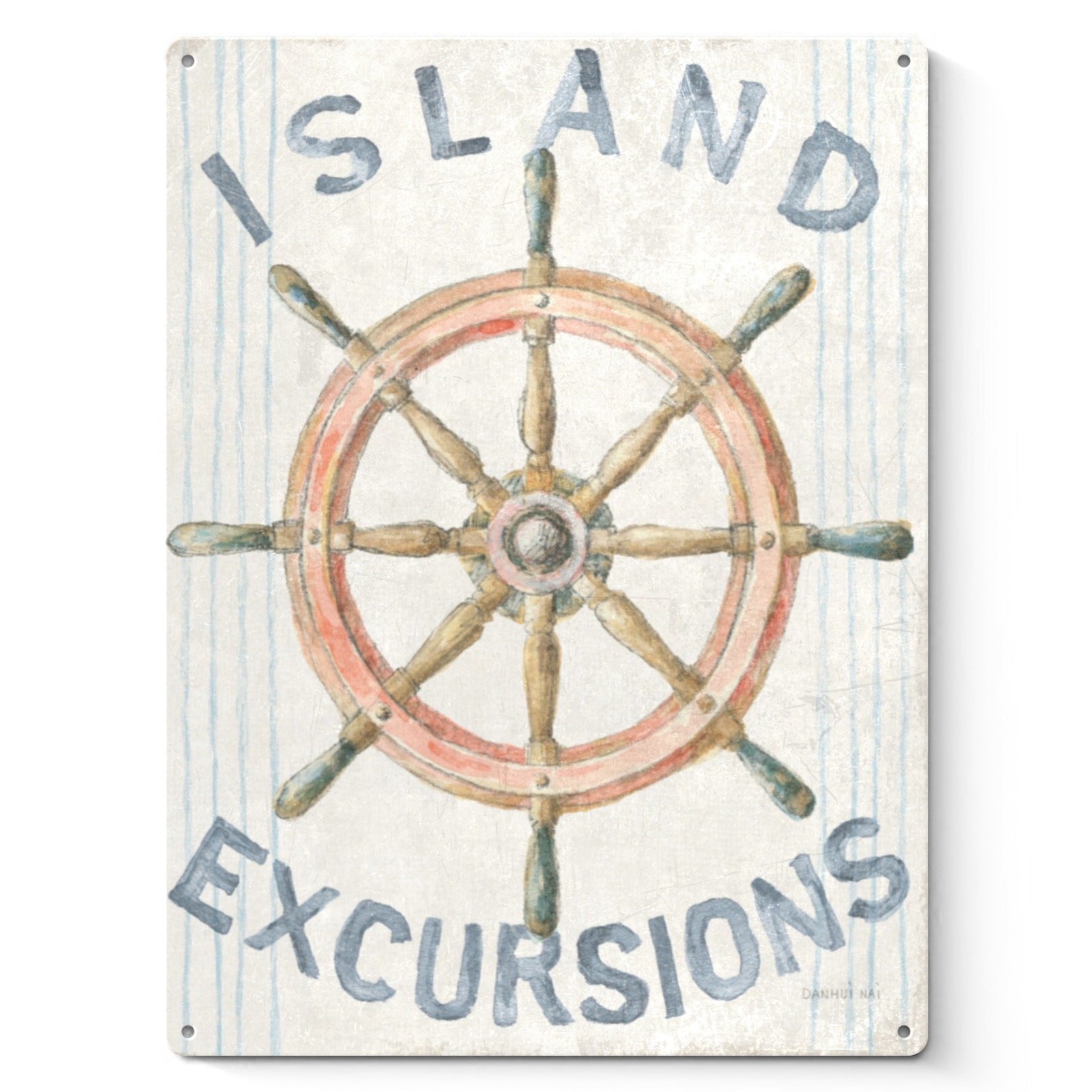 Nautical Floursack Metal Sign featuring a ship wheel with 'Island Excursions' text, retro beach decor